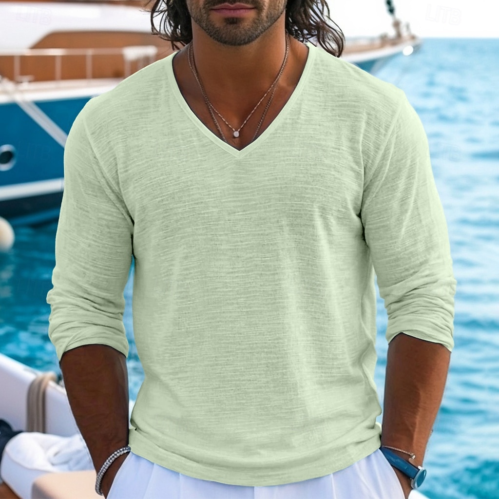 Муж. Футболка Футболка из льна Длинный рукав V-образный вырез Лето Весна Весна лето Сплошной цвет Полотняное плетение Текстура Повседневные На каждый день Уличный стиль Гладкая ткань 2026 - $20.99 –P9