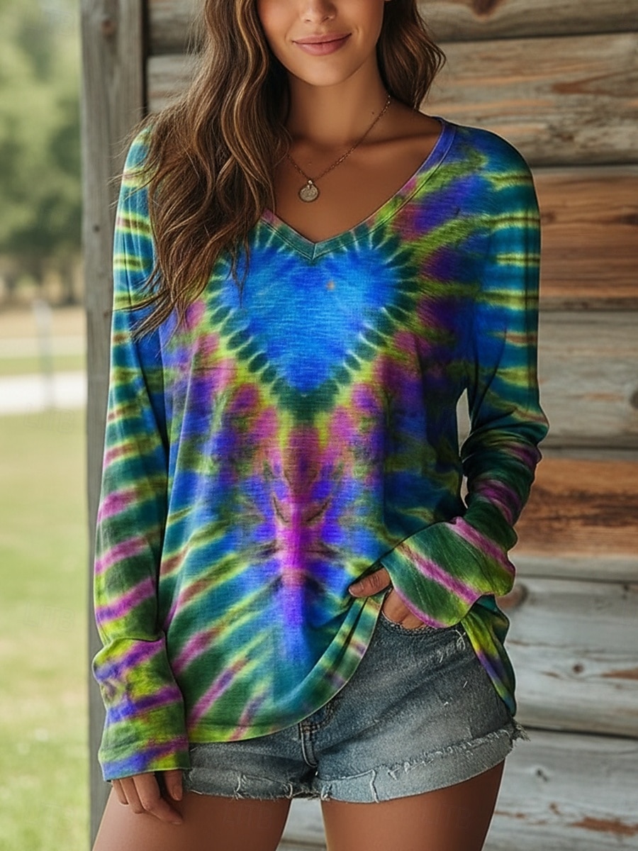 Damen T Shirt Druck Herz Grafik Batik Bohemien Vintage Ethnisch Langarm V Ausschnitt Normale Oberteile Täglich Blau Gelb Rote Purpur Grün Sommer Frühling Herbst 2026 - $26.99 –P4