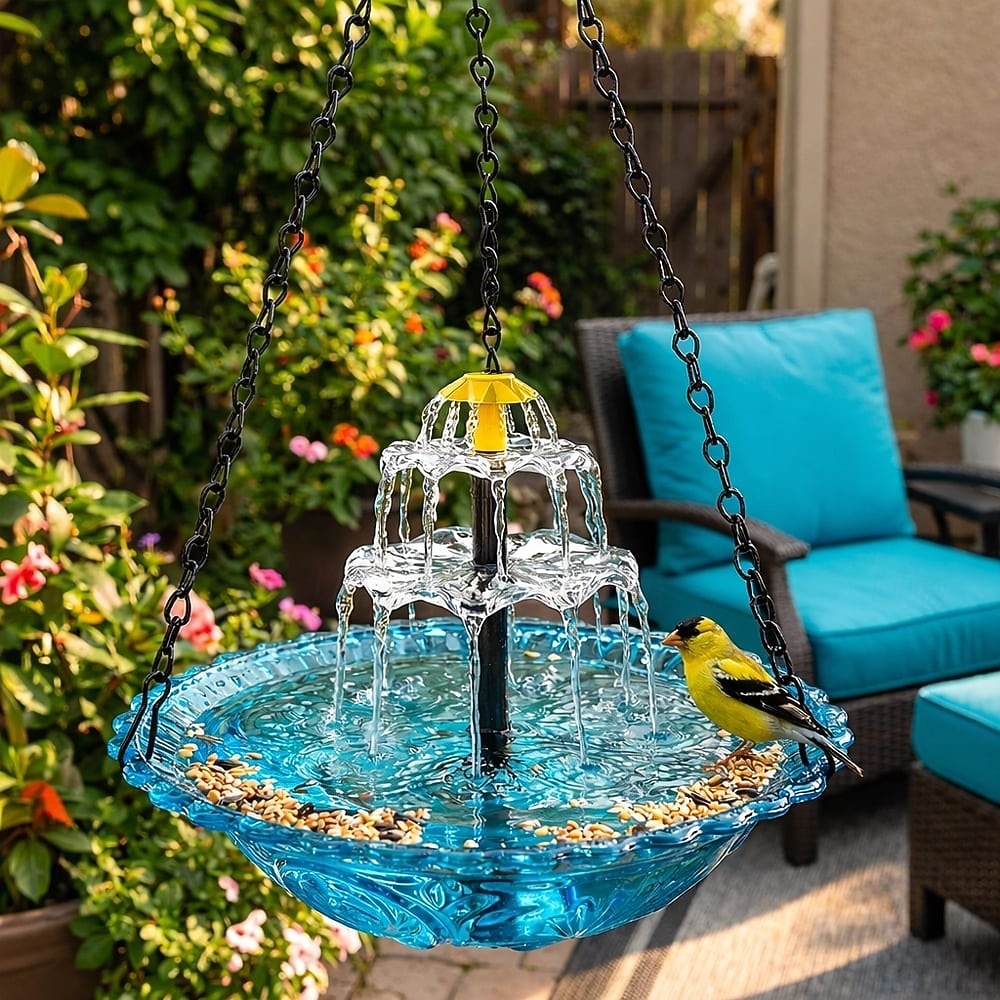 Fuente colgante para baño de pájaros con cascada solar, fuente flotante para jardín al aire libre, comedero colgante para pájaros, cuenco para baño de pájaros con cascada de energía solar para 2026 - $53.99 –P5