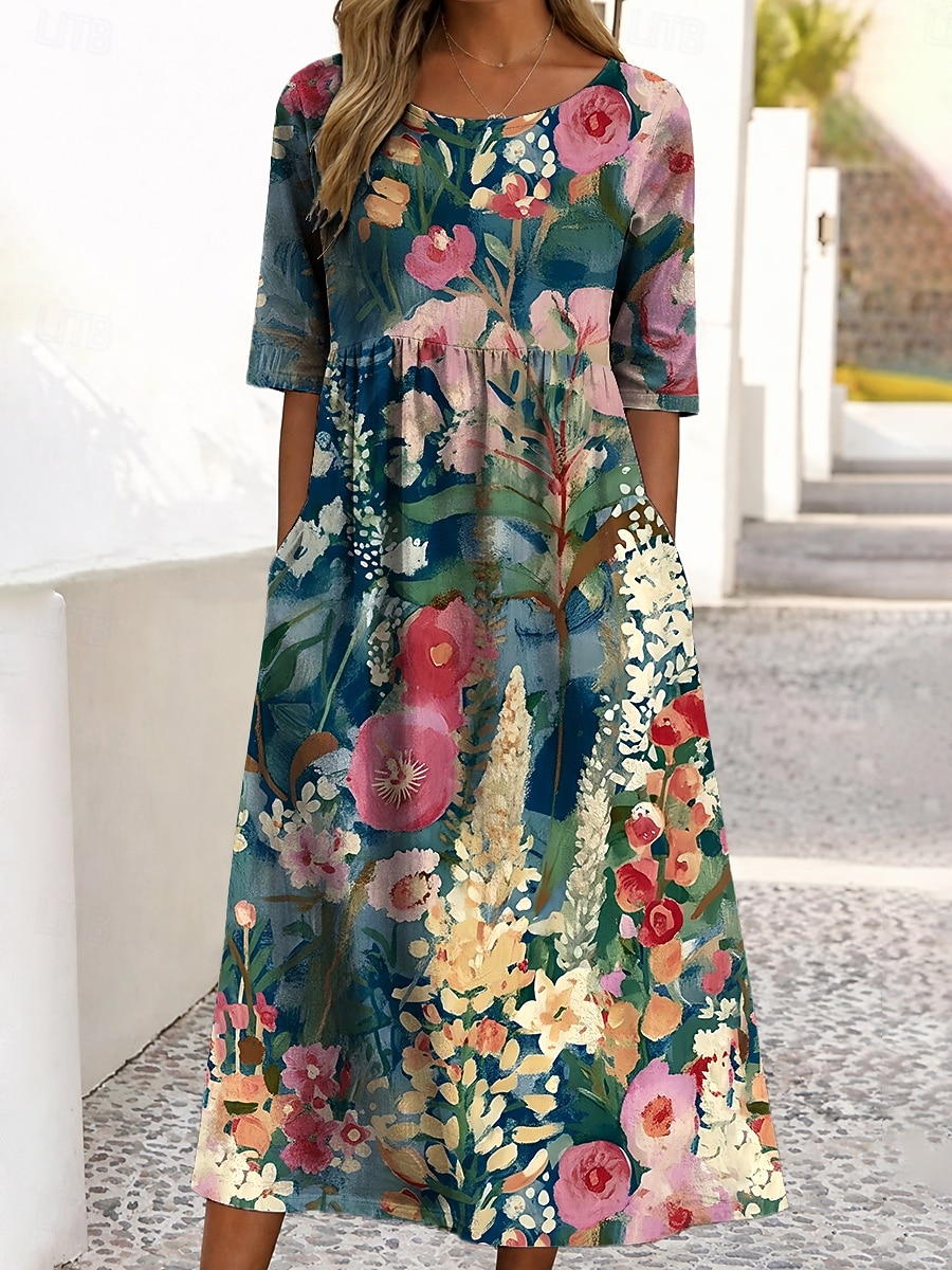 Per donna Abito Midi Vestito Casual Abito Stampato Vintage All'aperto Vacanza Uscire Vestibilità comoda Floreale Grafico Mezza Manica Girocollo Blu Viola chiaro Viola Verde Estate Primavera del 2026 a $29.99 –P5
