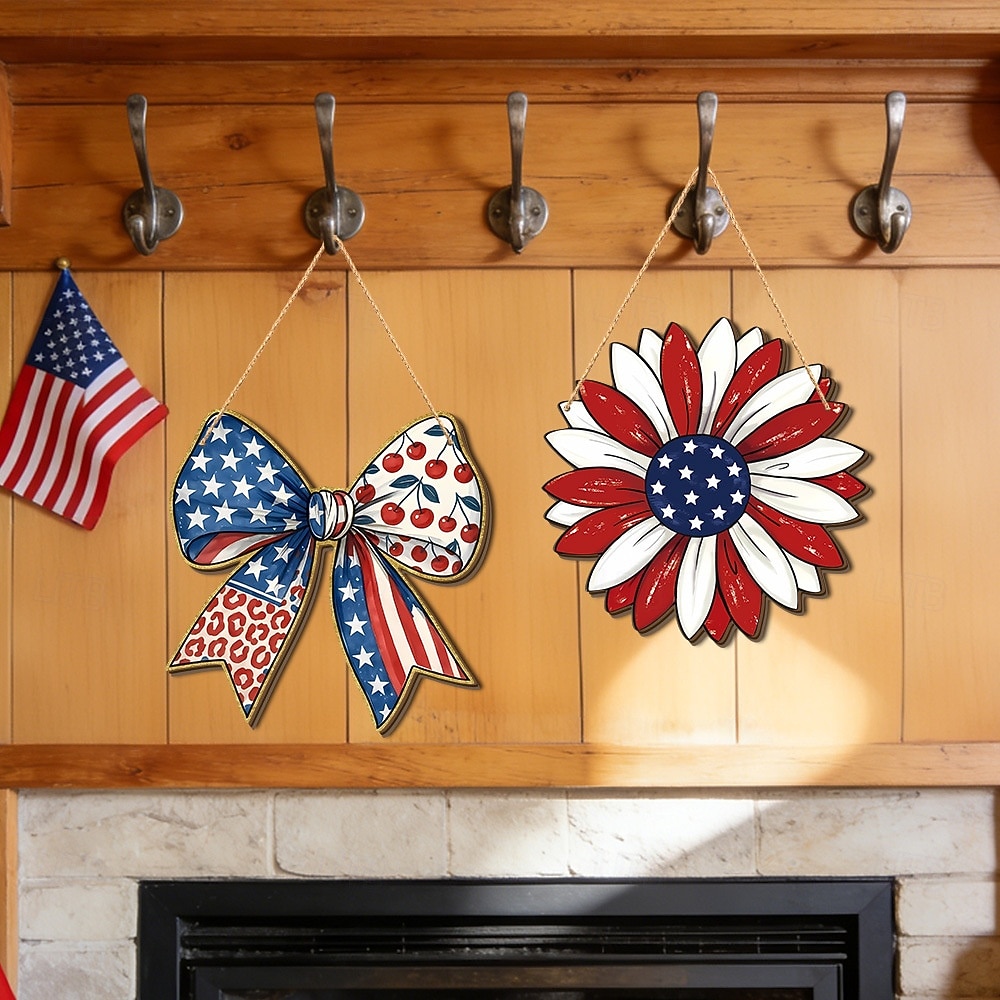 Letrero de madera para puerta conmemorativo del 250.º aniversario de la Independencia de Estados Unidos, estrellas blancas y rojas. &Decoración de la puerta principal con rayas blancas y lazo 2026 - $16.99 –P3