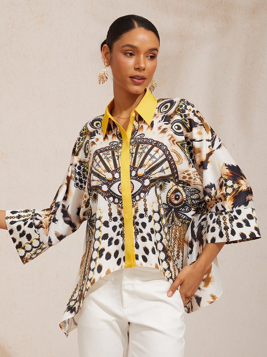 Chemise vintage en satin soyeux à manches dolman et bijoux léopard de 2026 ? $67.99 –P4