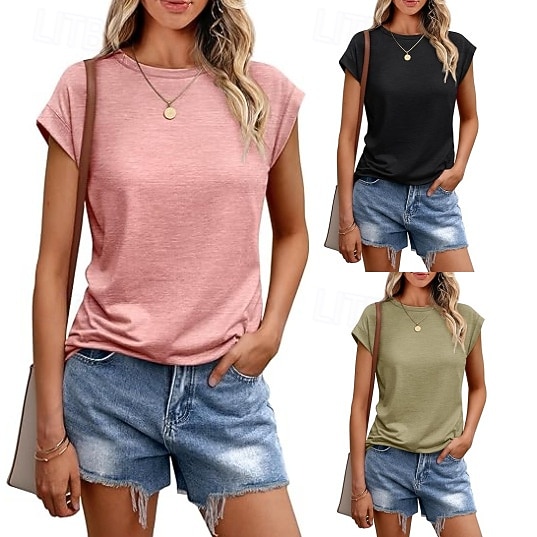 Damen T Shirt T-Shirt Einfach Mode Stilvoll Klassisch Kurzarm Rundhalsausschnitt Normale Oberteile Täglich Ausgehen Wochenende Blau Schwarz Weiß Hellgrün Rosa Sommer Frühling 2026 - $19.99 –P1