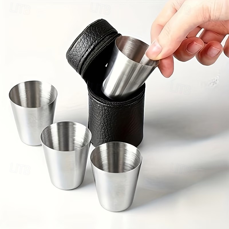 Juego de 5 vasos de acero inoxidable, vasos de vino portátiles con estuche de cuero, diseño en forma de bala, ideales para acampar, bares y restaurantes, duraderos y apilables, disponibles en 2026 - $12.99 –P2