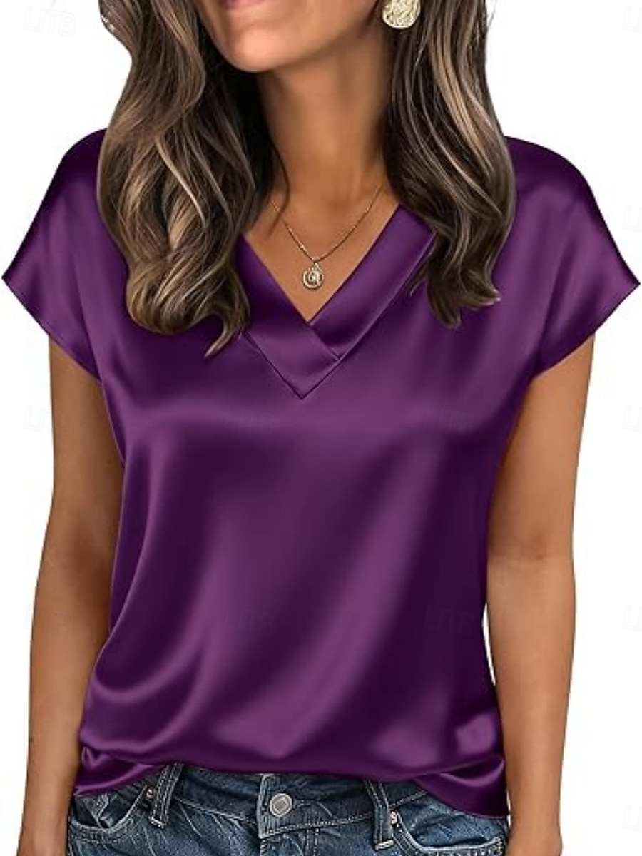 Damen Satin-Top Bluse Einfarbig Stilvoll Basic Lässig Kurzarm V Ausschnitt Normale Oberteile Täglich Blau Schwarz Weiß Champagner Rote Sommer Frühling Herbst 2026 - $19.99 –P20