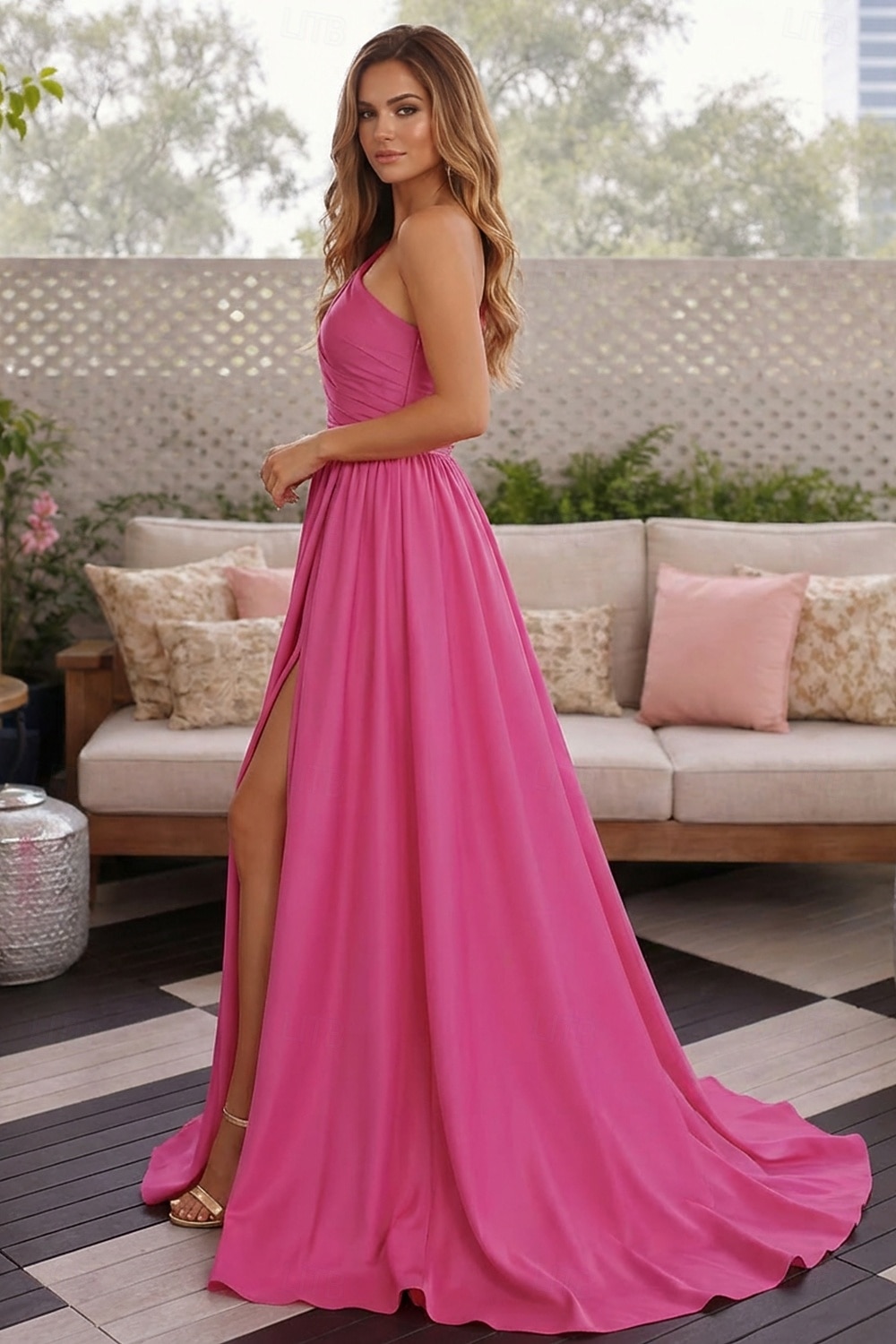 Corte A Hasta el Suelo Trajes de gala Vestidos de noche Corte Cenicienta Vestimenta formal Elegante Minimalista Sin Mangas Un Hombro Fiesta de baile Invitado a la boda Satén con Plisado Abertura 2026 - $160.99 –P3