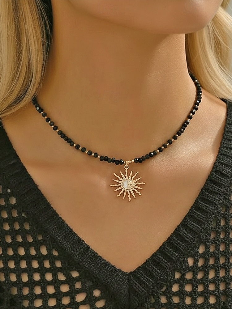 Collana con ciondolo a forma di sole in stile bohémien da donna: materiale in lega e perline, diverse opzioni di colore, perfetta per un abbigliamento casual e per lo stile delle vacanze al mare del 2026 a $9.99 –P4
