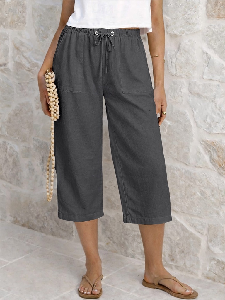 Dam Capribyxor Sommarshorts Beskurna byxor Capri byxor i linne Mode Grundläggande Vadlängd Medium Midja Slät Snörning Ficka Elastisk midja Lättvikt Andningsfunktion Oelastisk Semester Gata Dagliga 2026 - $22.99 –P8