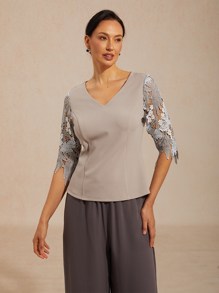 Women's Blouse Lace Tops Lace Floral Elegant Short Sleeve V Neck Daily Wedding Guest Gray Summer Spring Fall 2026 - $49.99 –P4