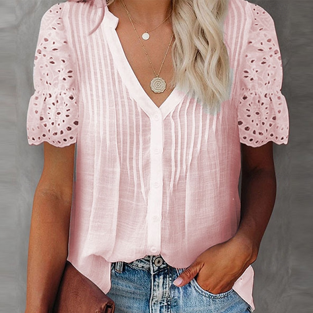 Γυναικείο T-shirt 100% βαμβακερό Μπλουζάκι Casual Κουμπωτό Μπλουζάκι Μπλούζα Ραφές Patchwork Eyelet Solid Χρώμα Διακοπών Μόδας Καθημερινά Κοντομάνικα V Λαιμόκοψη Πόλο Κανονικά Μπλούζες Καθημερινές 2026 - $29.99 –P5