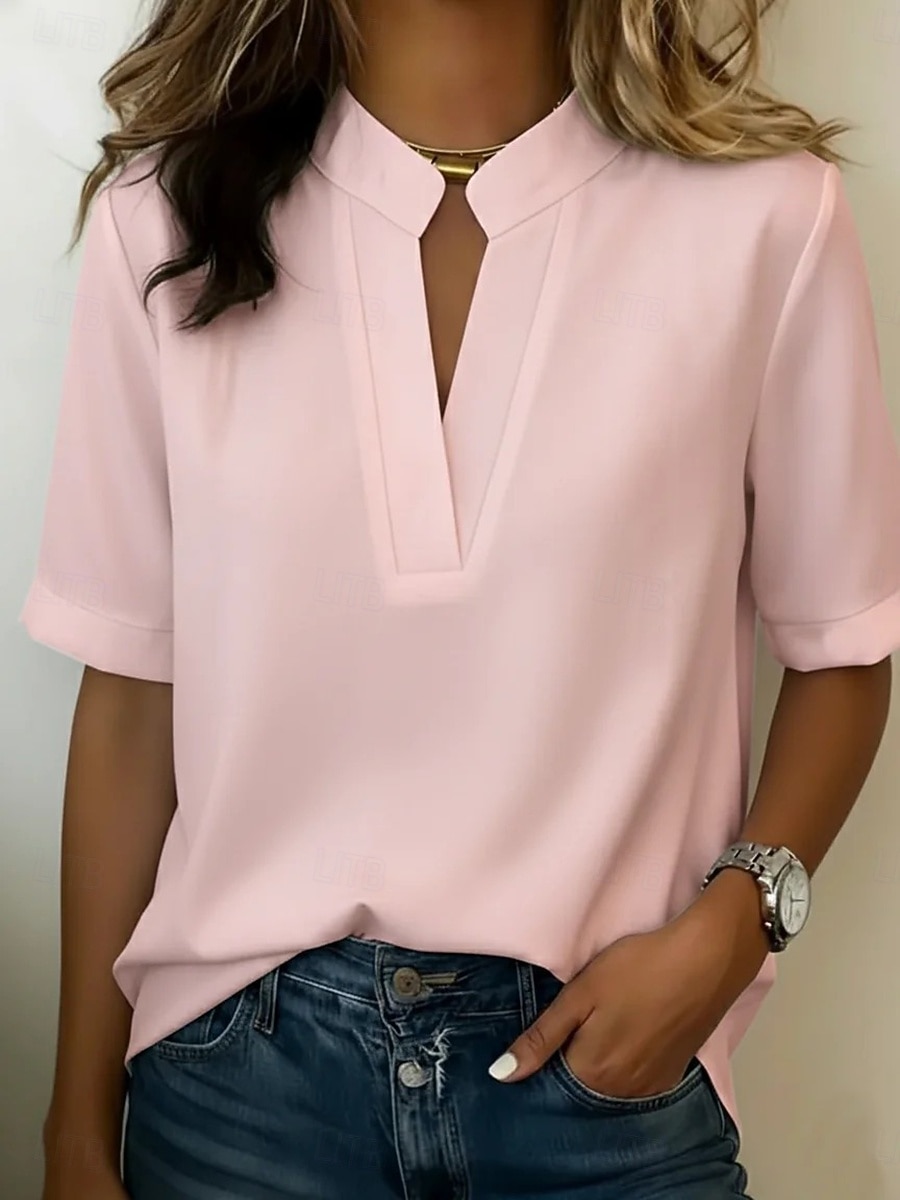Mujer Camiseta Camiseta superior Plano Moda Elegante Clásico Manga Corta Escote en Pico Tops regulares Diario Noche Fin de semana Blanco Rosa Azul cielo Azul Tinta Verde Trébol Verano Primavera 2026 - $10.49 –P7