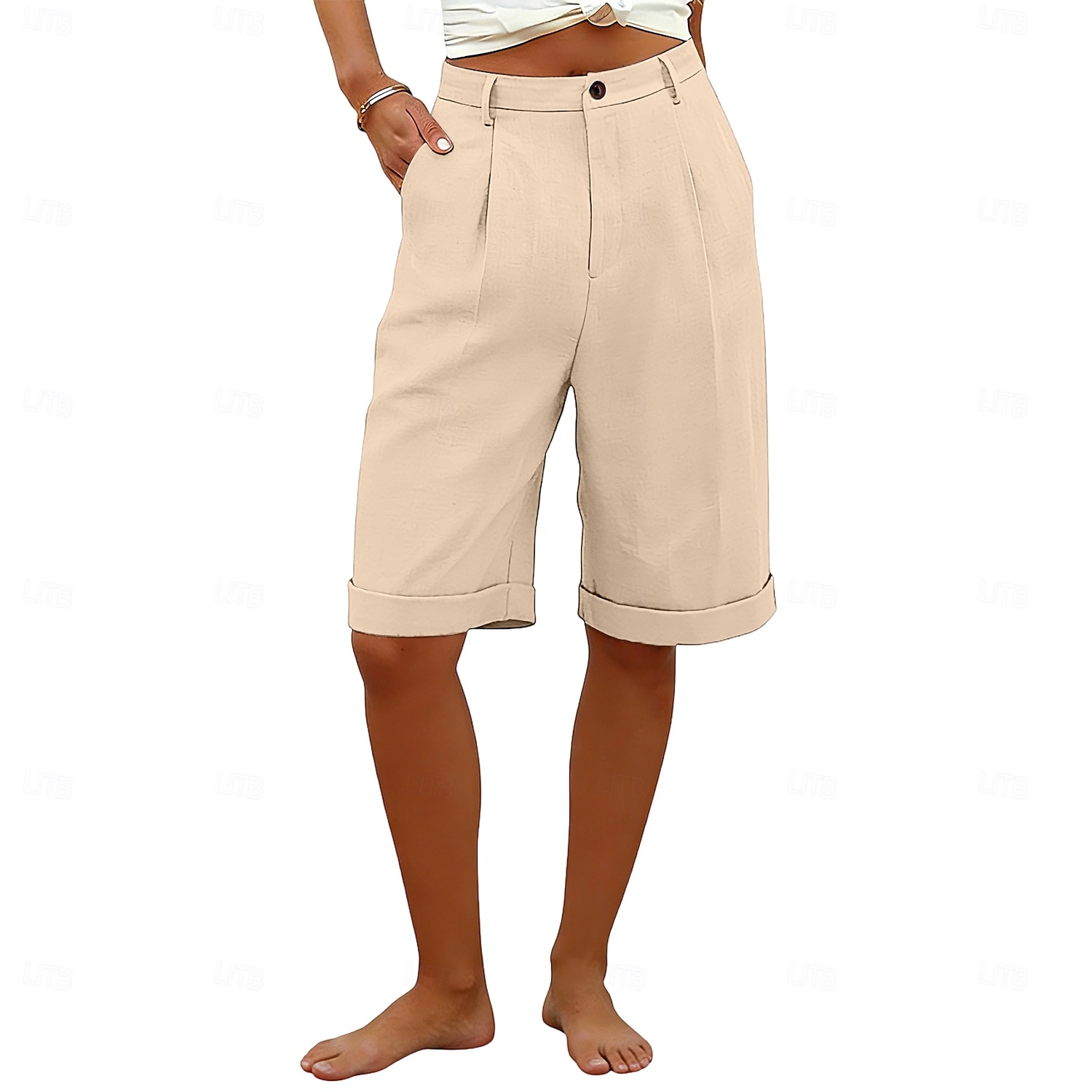 Dame Capri-bukser Shorts Lin Shorts Dress Shorts Ferie Mote Grunnleggende Knelengde Middels midje عادي Lomme Elastisk midje Rett ben Lettvekt Bekvem Pustende Uelastisk Daglig Gate Ferie Svart Hvit 2026 - $22.99 –P7