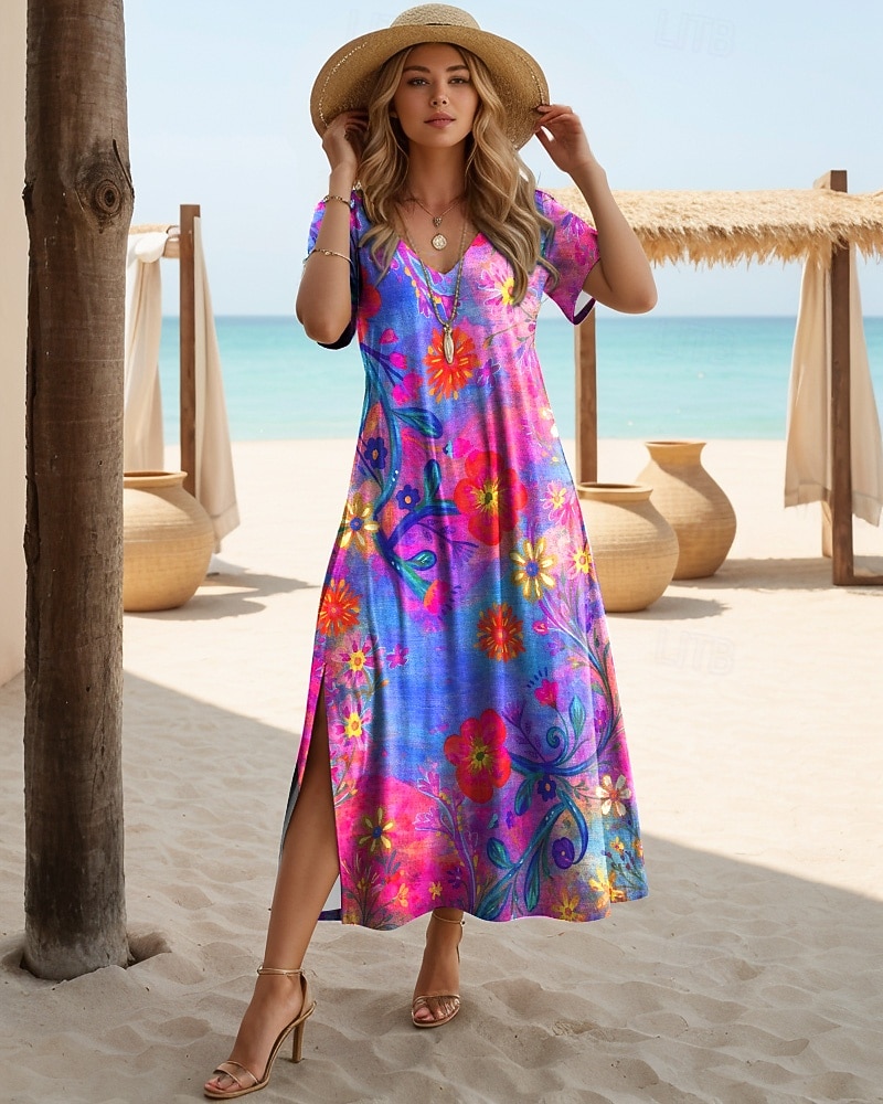 Per donna Abito Midi Abito a trapezio Casual Quotidiano Vestibilità regolare Floreale Astratto Manica Corta Scollo a V Bianco Viola Arancione Marrone Estate Primavera del 2026 a $27.99 –P3