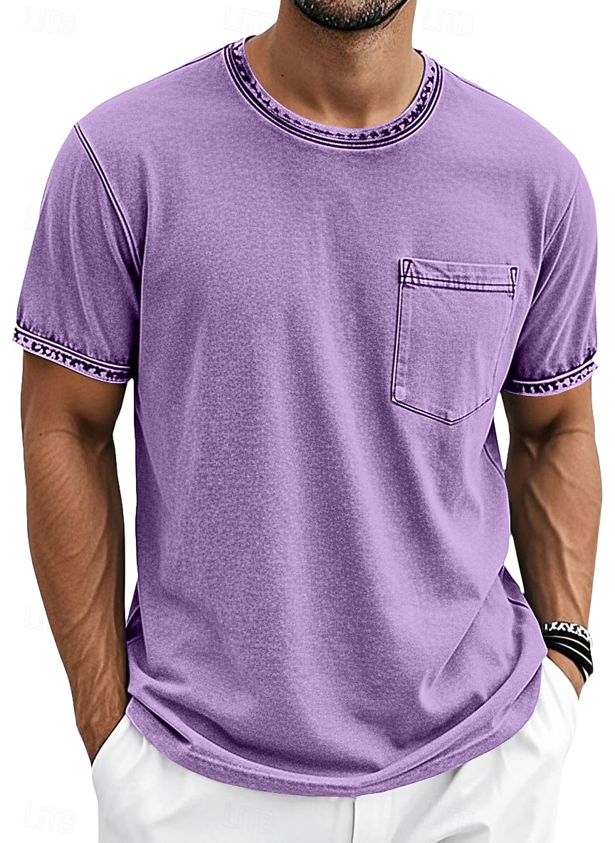 Herre T skjorte 100% bomullssyre-vaskeskjorte Kortermet Crew-hals Sommer Vår Alle årstider Helfarge Enkel Elegant Årgang Nøytral Lomme Plaggfarget Nedtrykt Avslappet Hjem utendørs Lyseblå Svart Brun 2026 - $20.99 –P3