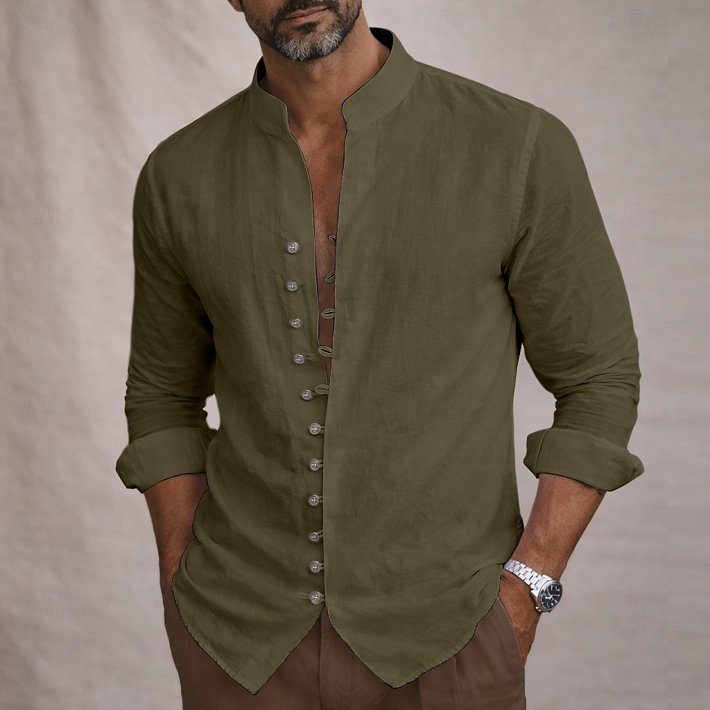 Men's Shirt Linen Shirt Summer Shirt Casual Shirt Button Up Shirt Plain Casual Daily Blue Black White Pink Long Sleeve Stand Collar Summer Spring Clothing Apparel Button Front 2026 - $25.99 –P10