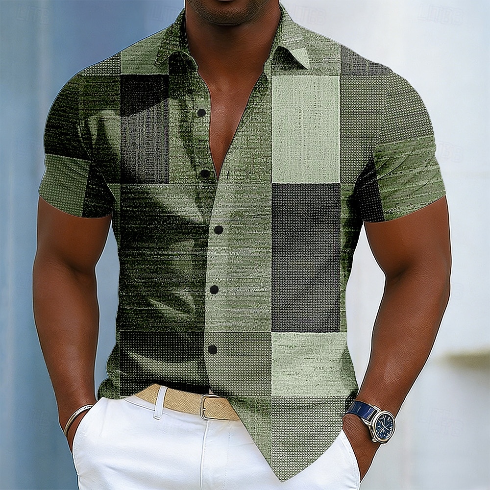 Per uomo Geometrico Blocco di colori Patchwork Camicia Camicia con Bottoni Manica Corta Moda Casual Quotidiano All'aperto Vacanza Estate Primavera Collo ripiegato Stampa 3D Camicia tipo lino Blu del 2026 a $25.99 –P3