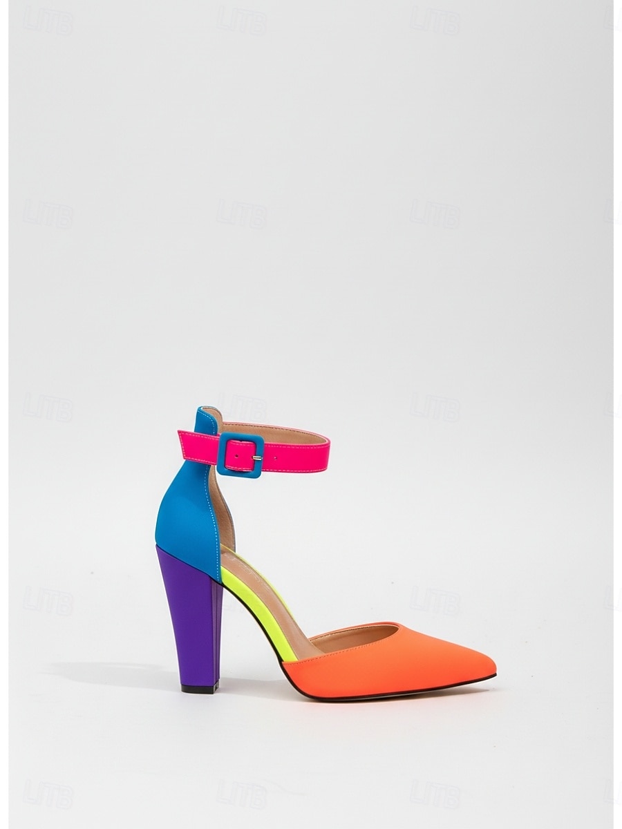 décolleté da donna con blocchi di colore multicolore vivaci - tacchi alti con punta a punta arancione acceso e cinturino alla caviglia rosa neon &tacco viola per cocktail party, discoteche &eventi di del 2026 a $54.99 –P5