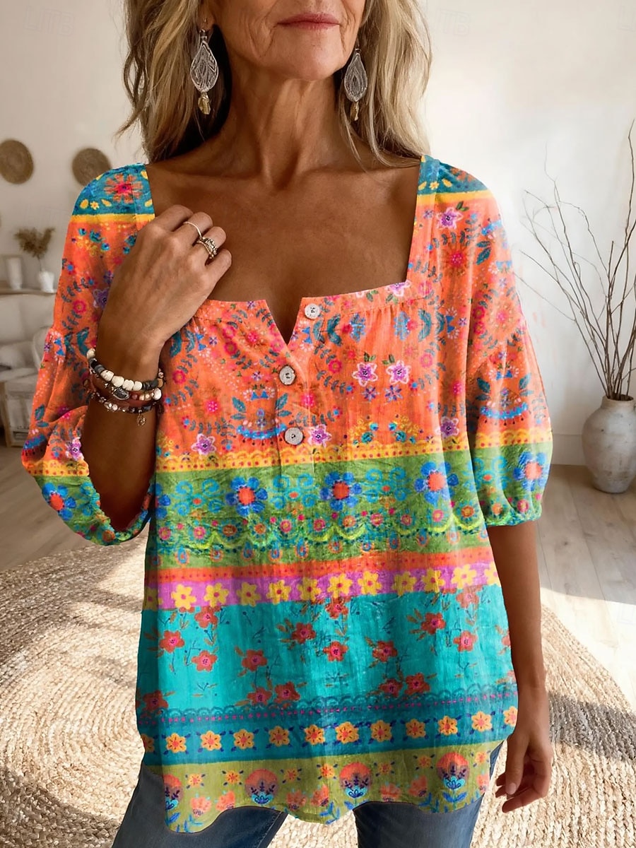 2026年 女性用 ブラウス プリント フラワー グラフィック 日常 スタイリッシュ ベーシック ハーフスリーブ スクエアネック レギュラートップス 日常 イエロー ピンク パープル オレンジ 夏 春  コレクション – $34.99 –P1