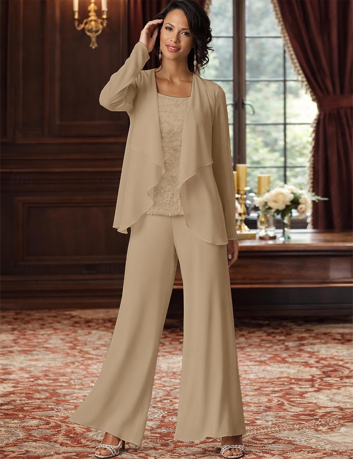 Traje de pantalón Traje de 3 piezas Hasta el Suelo Vestido de Madrina Sin Mangas Barco de cuello Elegante Talla Grande Bolero incluido Formal Invitado a la boda Gasa con Encaje 2026 - $126.99 –P6