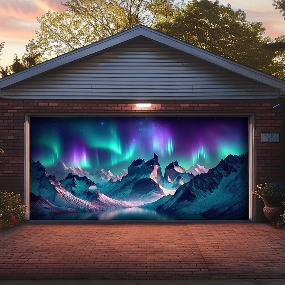 Northern Lights Aurora Borealis Winter Mountain Snowy Pine Forest Starry Night Sky Frozen River Garage Door Banner Outdoor Wall Decor Holiday Mural Christmas Decoration Backdrop 2026 - $49.99 –P5