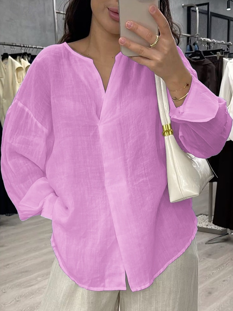 Damen Bluse Baumwollhemd Einfarbig Täglich Stilvoll Basic Langarm V Ausschnitt Normale Oberteile Täglich Blau Weiß Gelb Rosa Grün Sommer Frühling Herbst 2026 - $27.99 –P6