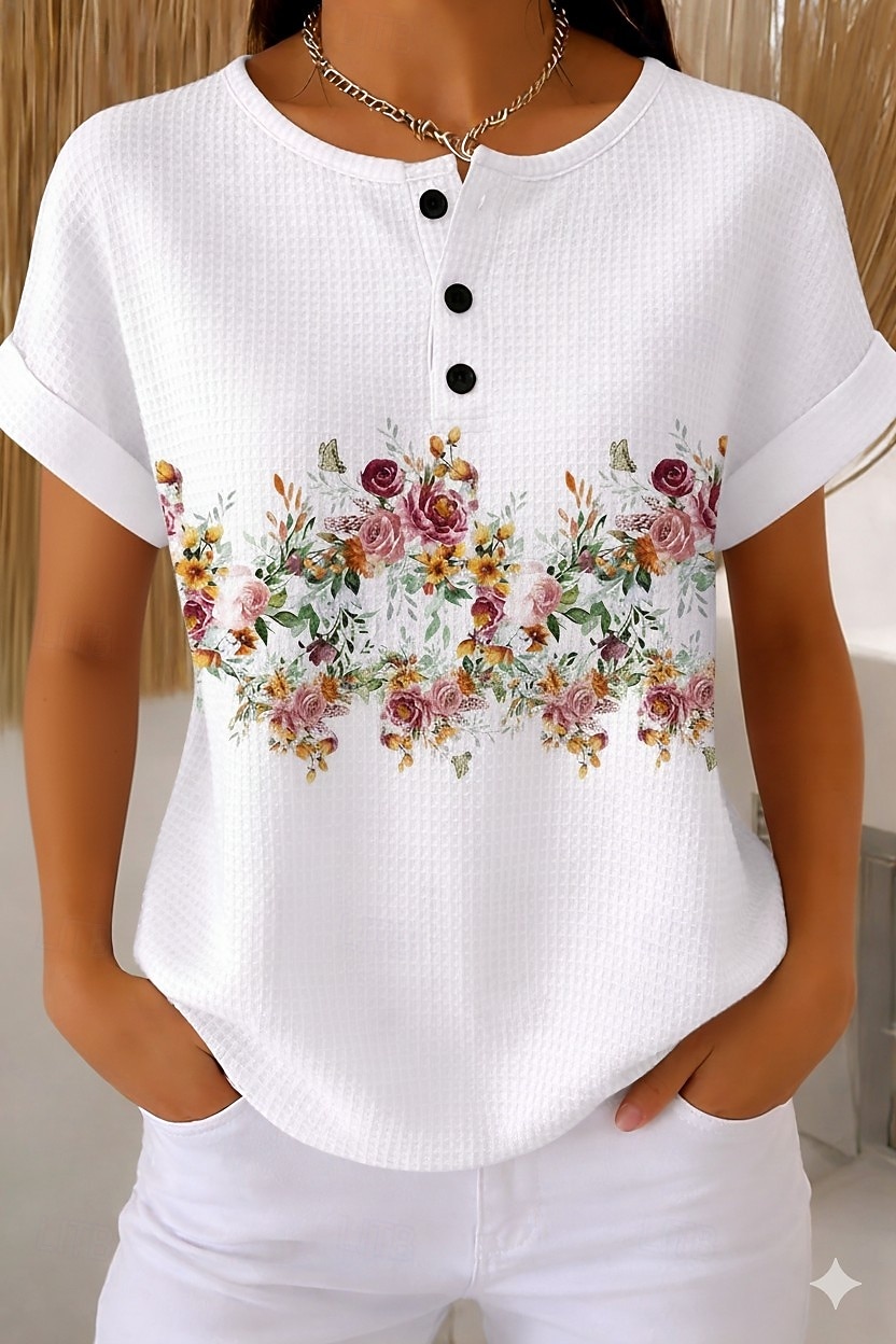Kvinne Waffle Teksturert Strikketopper T-skjorte Fargeblokk Grafisk Geometrisk Planter Stilfulle Klassisk Korte Ermer Crew Neck Rund Hals Daglig Sport Helg Svart og Hvit Hvit Lys Grønn Sommer 2026 - $21.99 –P1
