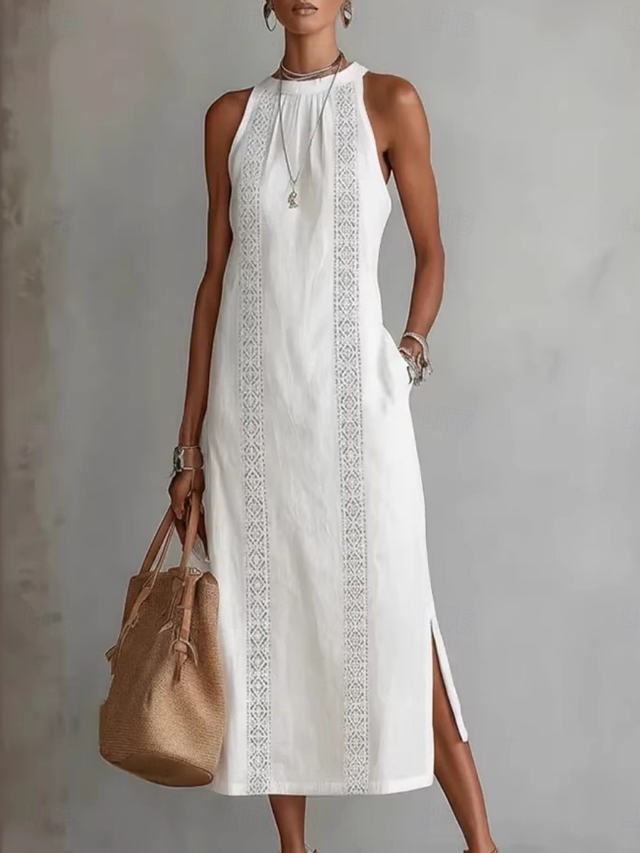 Per donna Abito Midi Abiti effetto lino Abito Estivo Casual Quotidiano Vestibilità comoda Semplice Senza Maniche All'americana Blu Nero Bianco Giallo Estate del 2026 a $33.99 –P8