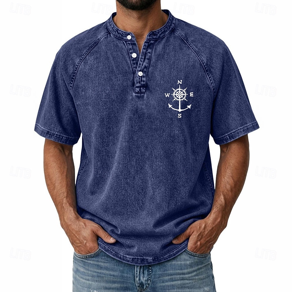 SoftFade™ Men's Demin Shirt 100% Cotton Acid Wash Shirt Henley Top Short Sleeve Vintage Distressed Casual Home Street Summer Spring Black Pink Light Green Gray Light Blue Stand Collar Henley 2026 - $31.99 –P8