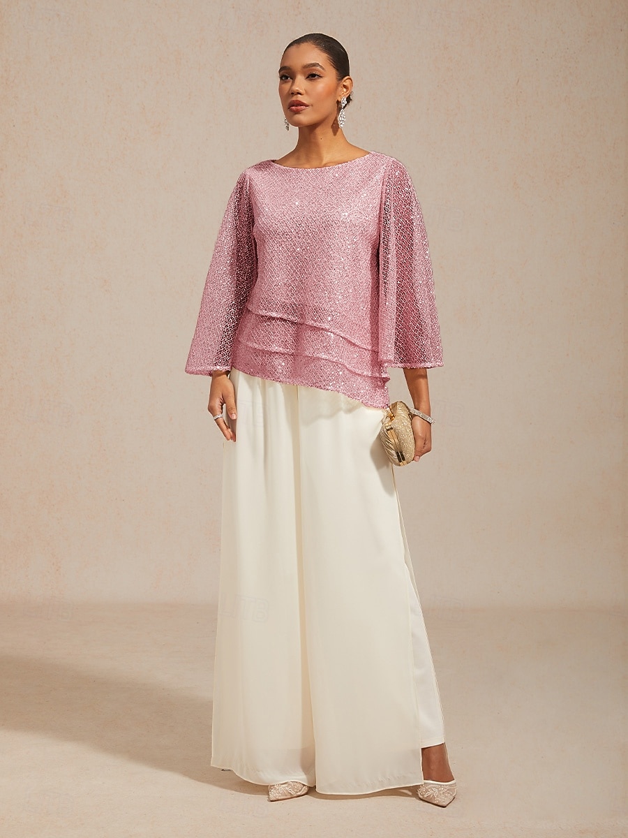 Damen Bluse Spitzentops Durchsichtige Ärmel Einfarbig Elegant Stilvoll Basic Dreiviertelarm Glockenärmel Rundhalsausschnitt Lange Oberteile Täglich Hochzeitsgast Urlaubskleidung Pudriges Rosa Sommer 2026 - $76.99 –P1