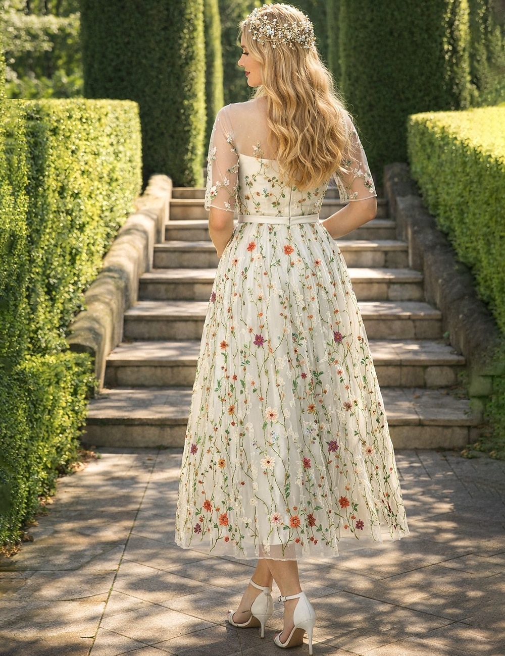 A-Lijn Bloemenjurk Valentijnsdag Bruiloft Gast Theelength Halve Mouw Illusie Hals Kant met Borduurapplicaties 2026 - $109.99 –P3