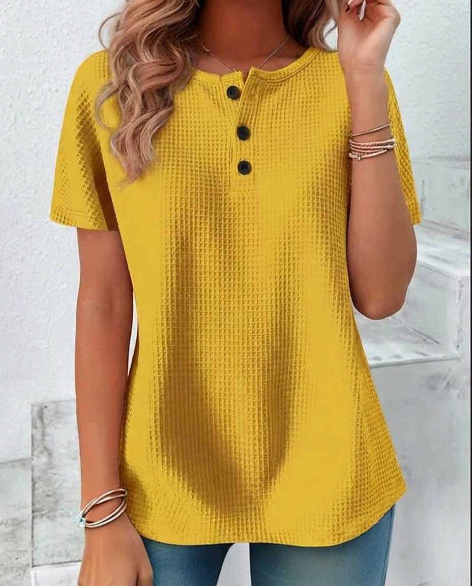 Mujer Camiseta Tops de verano Tops de punto gofre Botón frontal Graphic Plano Elegante Clásico Manga Corta Cuello Barco Tops regulares Diario Noche Ropa de playa Negro Blanco Amarillo Rojo Naranja 2026 - $27.99 –P5