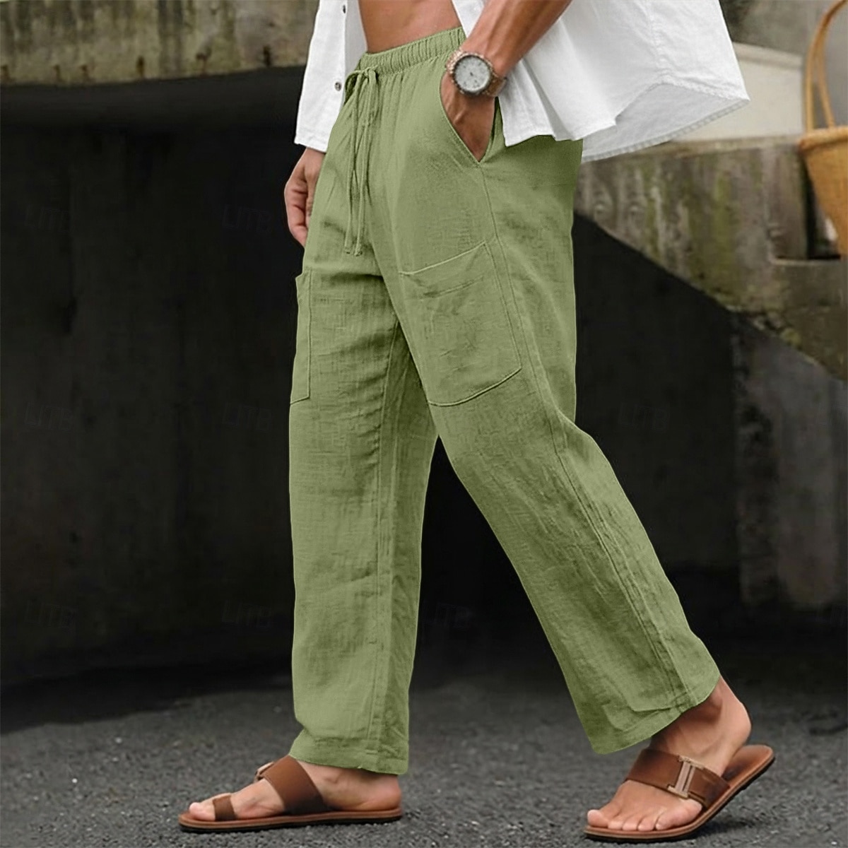 Hombre Pantalones de lino Pantalones de verano Pantalones anchos Correa Bolsillo Cintura elástica Plano Comodidad Transpirable Longitud total Casual Diario Exterior Vacaciones Moda Negro Verde Trébol 2026 - $25.99 –P1
