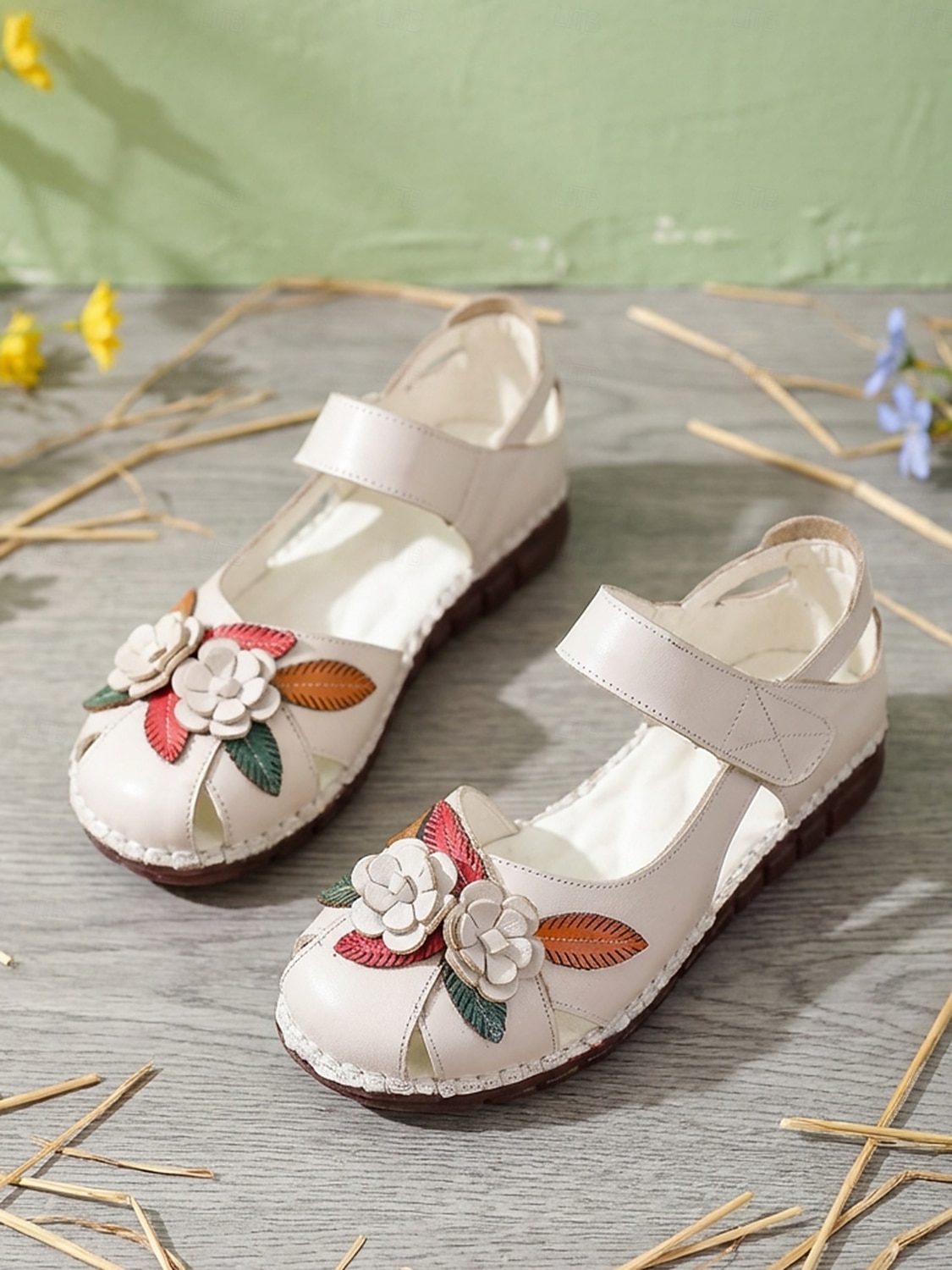 női bézs színű, valódi bőr Mary Jane szandál - vintage virágmintás, marhabőrből készült kényelmes cipő hétköznapi sétákhoz &utazás 2026 - $36.99 –P5