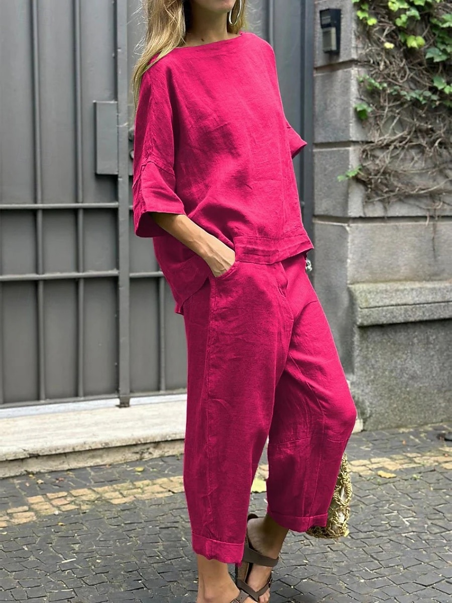 Damen Hosen-Sets Kunstbaumwollleinen Dreiviertelarm Rundhalsausschnitt Einfarbig Elegant Mode Streetwear Lässig Täglich Outdoor Schwarz Weiß Gelb Sommer Normale Passform 2026 - $41.99 –P5