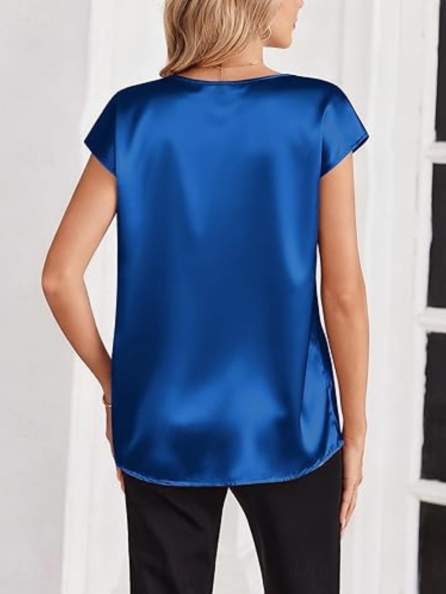 Damen Satin-Top Bluse Einfarbig Stilvoll Basic Lässig Kurzarm V Ausschnitt Normale Oberteile Täglich Blau Schwarz Weiß Champagner Rote Sommer Frühling Herbst 2026 - $19.99 –P14