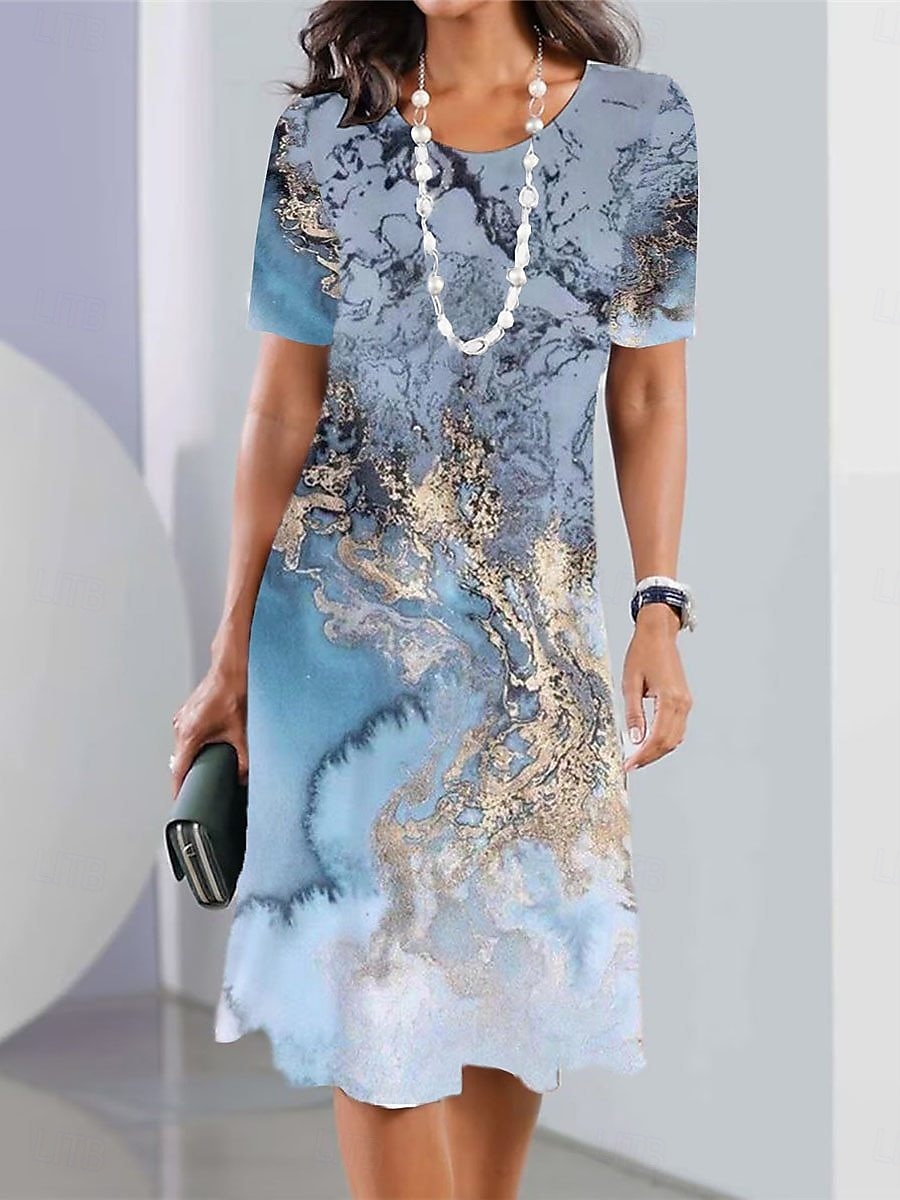 Damen Knielanges Kleid Shiftkleid Freizeitkleid Elegant Mode Modern Täglich Outdoor Urlaub Normale Passform Grafik Abstrakt Kurzarm Rundhalsausschnitt Blau Rosa Dunkelgrün Braun Sommer Frühling 2026 - $24.99 –P3