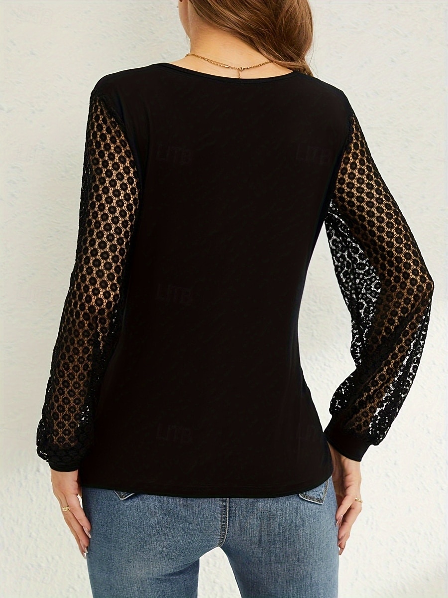 Women's Shirt Blouse Lace Tops Long Sleeve Tops Lace Plain Stylish Classic Modern Long Sleeve V Neck Regular Tops Daily Holiday Going out Black Summer Spring 2026 - $25.99 –P5