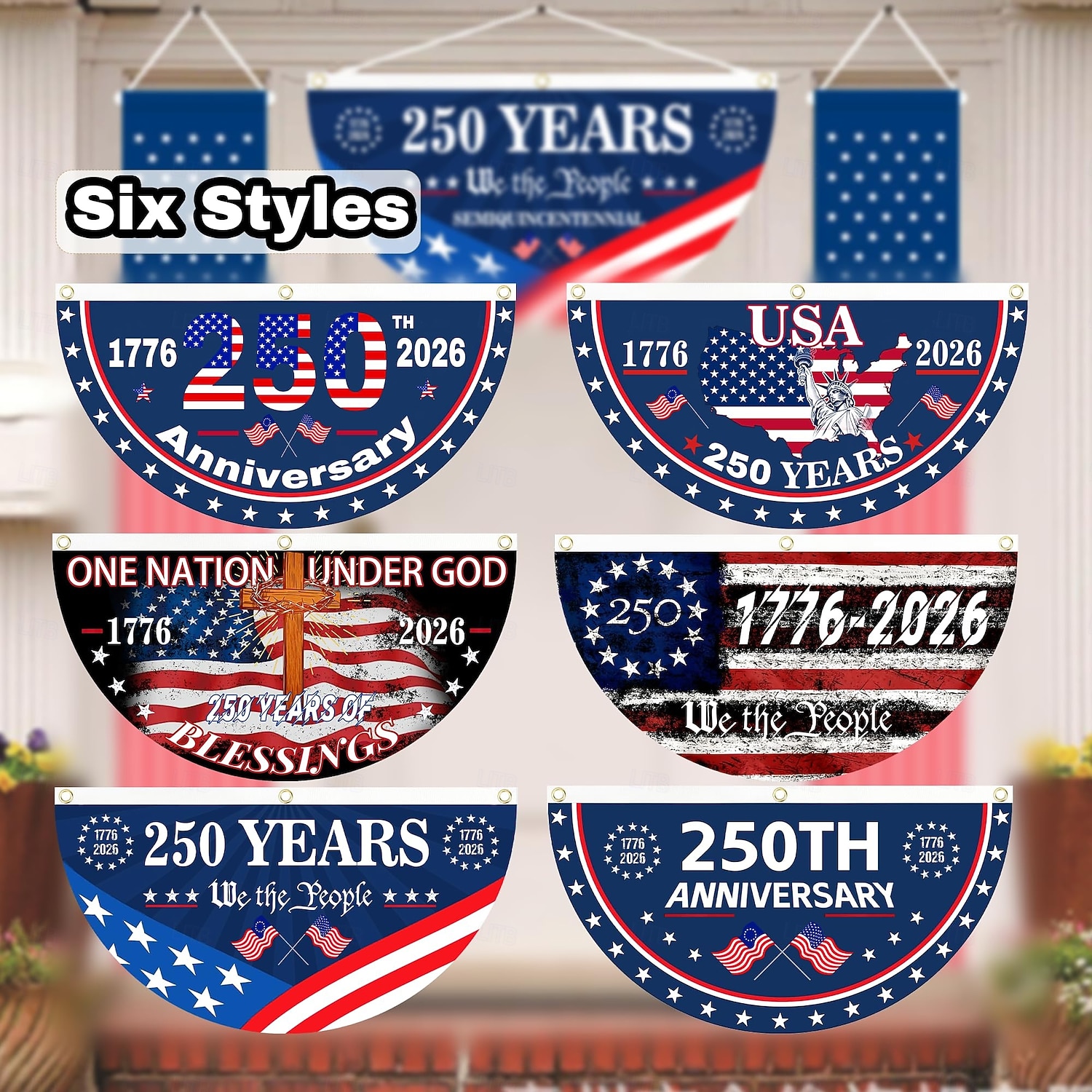 2 stk. U.S. 250. jubileumsflagg 1,5X3 FT 1776-2026 fanflagg patriotiske stjerner hageplakater hengende dekorasjoner utendørs inngangsdør veranda velkomst bakgrunn med messingøyer 2026 - $18.99 –P6