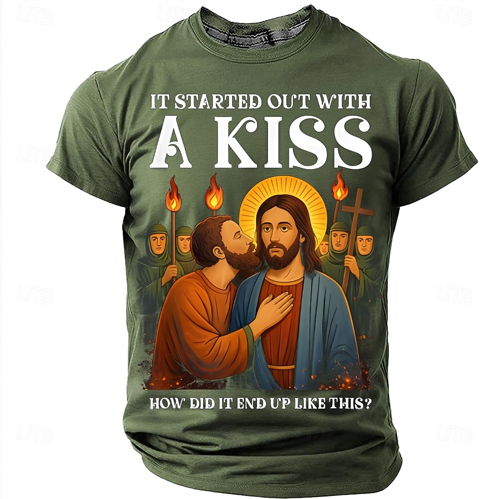 T-shirt graphique religieux drôle Bible pour hommes ça a commencé par un baiser Judas embrassant Jésus parodie religieuse T-shirt comment cela a-t-il fini comme ça drôle mème chrétien cadeau de 2026 ? $21.99 –P7