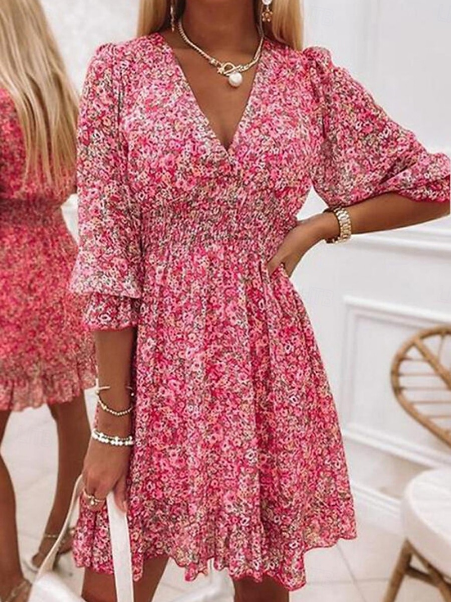 Mulheres Minivestido Vestido Boho Vestido antigo Vestido casual Vestido floral Elegante Moda Moderno Praia Férias Para Noite Normal Floral Meia Manga Decote V Azul Verde Cinzento Verão Primavera de 2026 por $27.99 –P3
