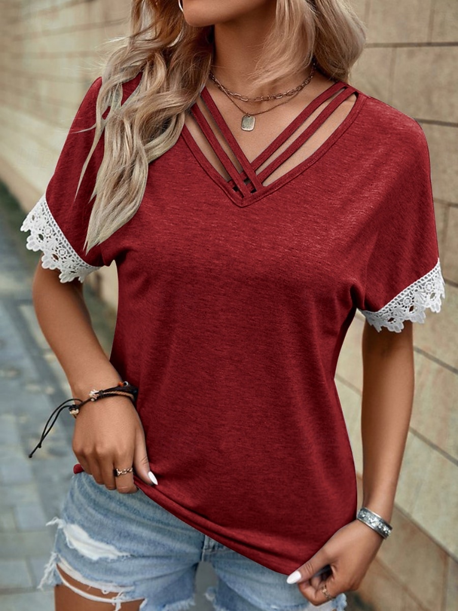 Women's Shirt Blouse Lace Tops Patchwork Solid Color Stylish Classic Modern Short Sleeve V Neck Regular Tops Daily Holiday Going out Blue Black Wine Orange Gray Summer Spring 2026 - $19.99 –P6