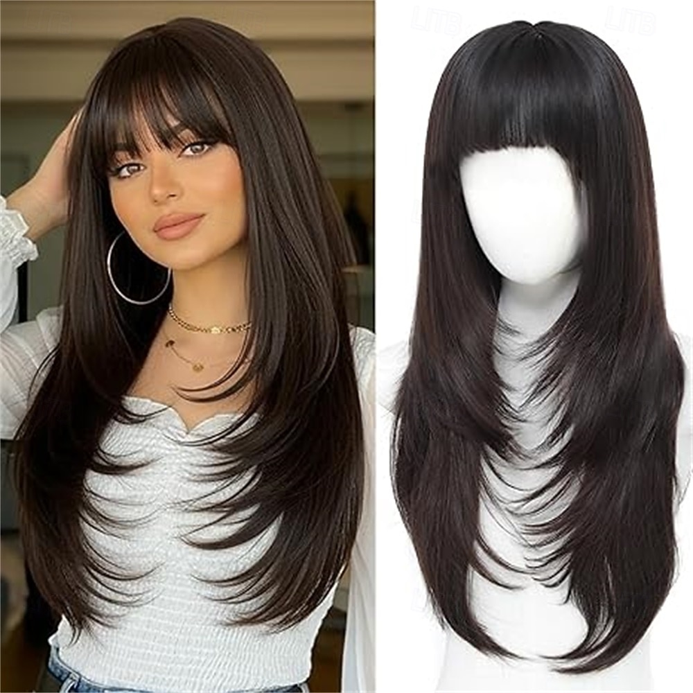 Peruca castanha com mechas e franja para mulheres, peruca castanha longa e ondulada, peruca castanha em camadas de 66 cm (26 polegadas). de 2026 por $32.99 –P5