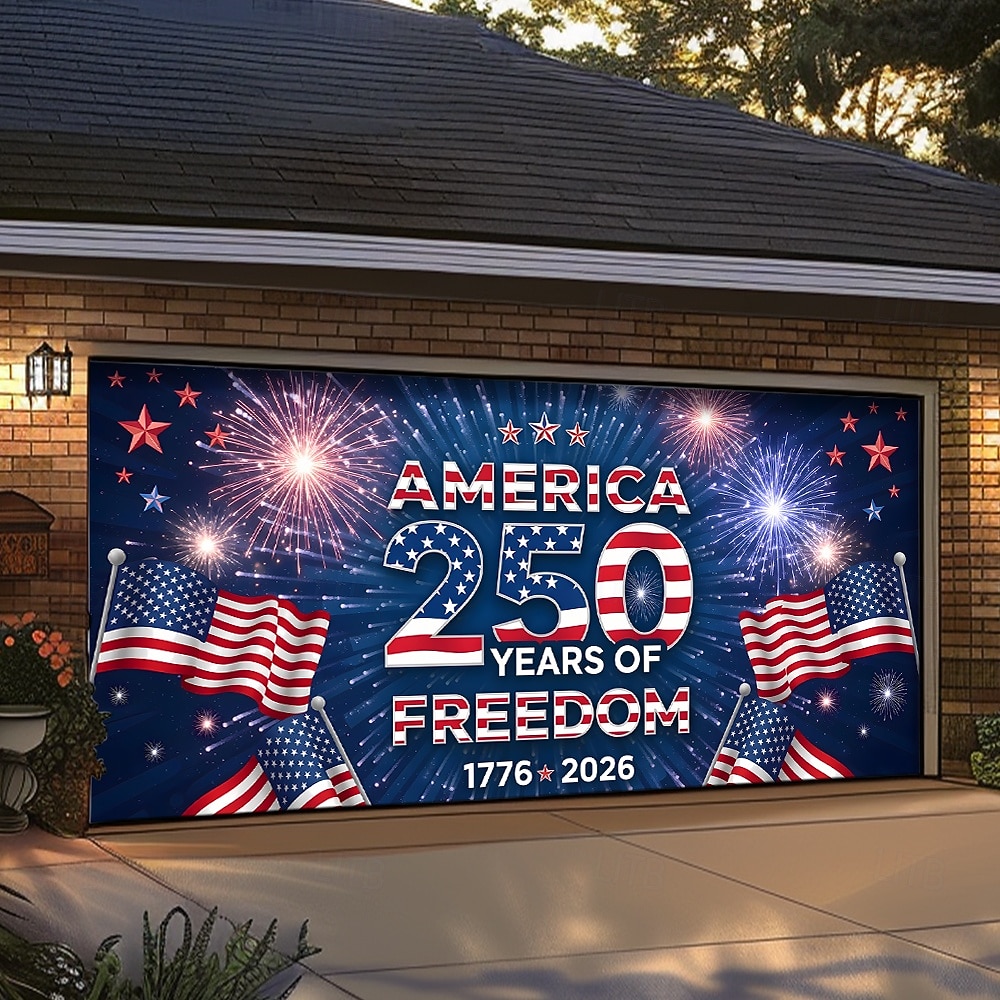 4. července 2026 250. výročí Pamětního dne Kryt na garážová vrata Velký závěsný pozadí Americká vlajka Vintage 3D vlastenecká party venkovní pozadí pro focení dekorace na vchodové dveře 2026 - $59.99 –P2