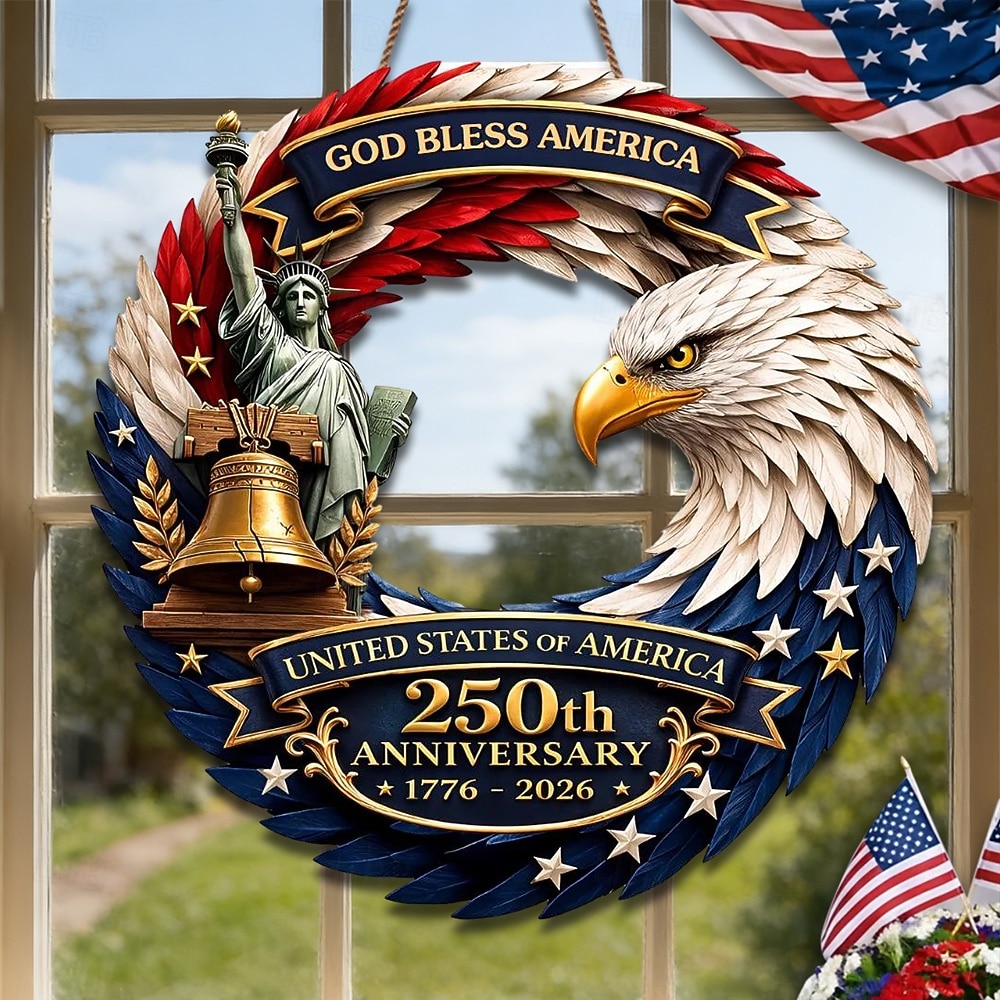 U.S. 250th Anniversary Wood Sign Patriotic Door Hanger, God Bless America Independence Day Decor with Eagle, Liberty Bell & Statue of Liberty, 1776–2026 4th of July Front Door Decoration 2026 - $25.99 –P4