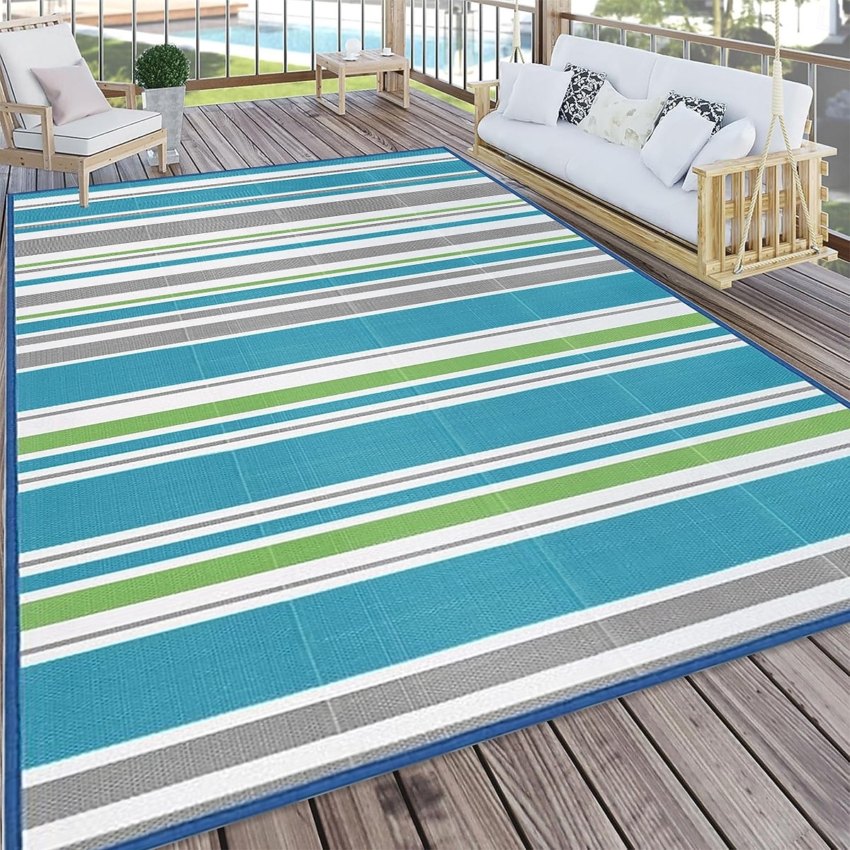 vanntett utendørsteppe 1,5 x 2,4 m, vendbart plastteppe, moderne teppe, stor gulvmatte for utendørs bruk, bobil, terrasse, bakgård, dekk, piknik, strand, camping, blå &grønn 2026 - $51.99 –P6