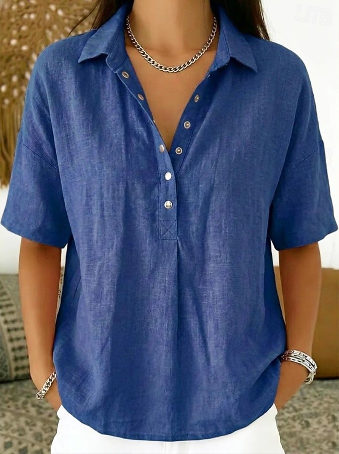 Women's Shirt Linen-feel Shirts Vintage Stylish Short Sleeve Turndown Regular Tops Daily Work Holiday Blue Black White Pink Light Brown Summer Spring 2026 - $28.99 –P8
