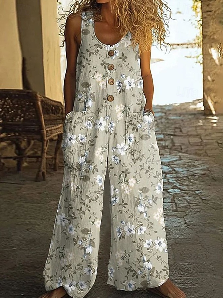 Femmes Normal Combinaison Actif Fleuri Sans manches Jambe large Col en U Avec Poches Boutons Quotidien Vacances Coupe Ample Bleu Bleu Roi Vert Été de 2026 ? $32.99 –P4