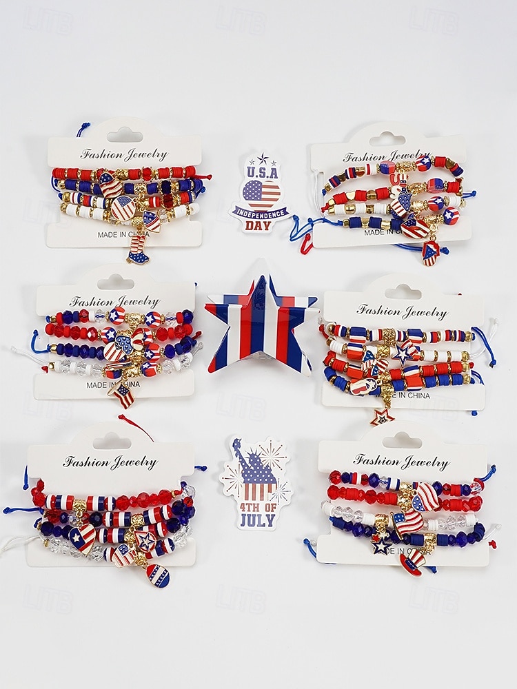Набор женских браслетов из разных материалов, различные стили, подвески с патриотическим флагом США, регулируемые ремешки, идеально подходит для празднования 250-летия США, Дня независимости и повседневной носки. 2026 - $11.99 –P7