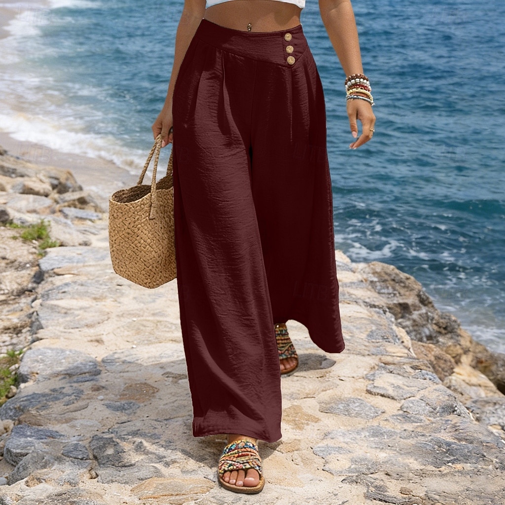 Women's Trousers Casual Pants Summer Pants Beach Pants Vacation Fashion Casual Daily Full Length Mid Waist Solid Color Plain Wide Leg Comfort Soft Breathable Inelastic Streetwear Beach Holiday Blue 2026 - $27.99 –P6
