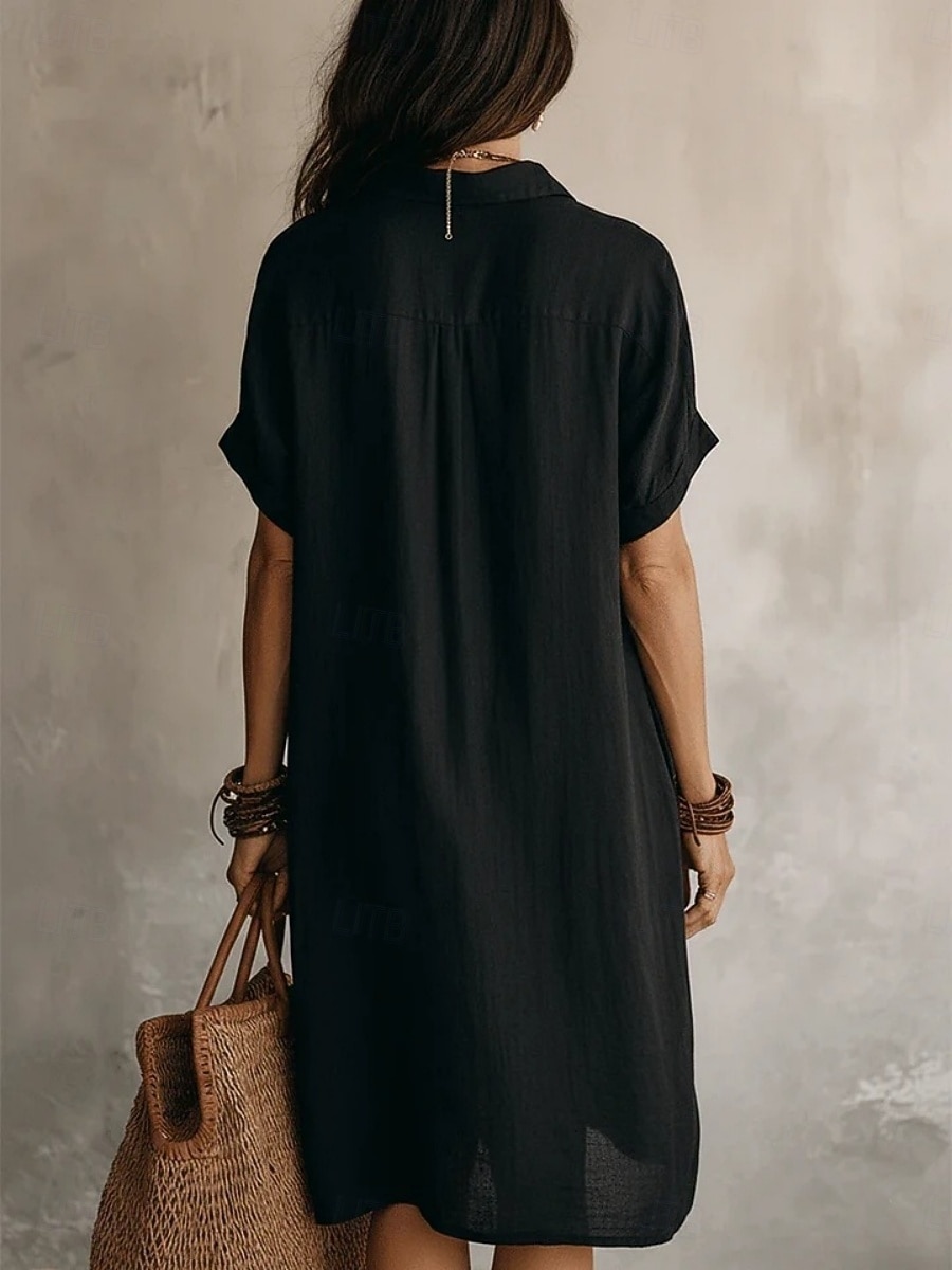 Women's Mini Dress Linen-feel Dresses Shift Dress Summer Dress Casual Daily Loose Fit Plain Short Sleeve Lapel Blue Black Wine Army Green Summer Spring Fall 2026 - $31.99 –P4